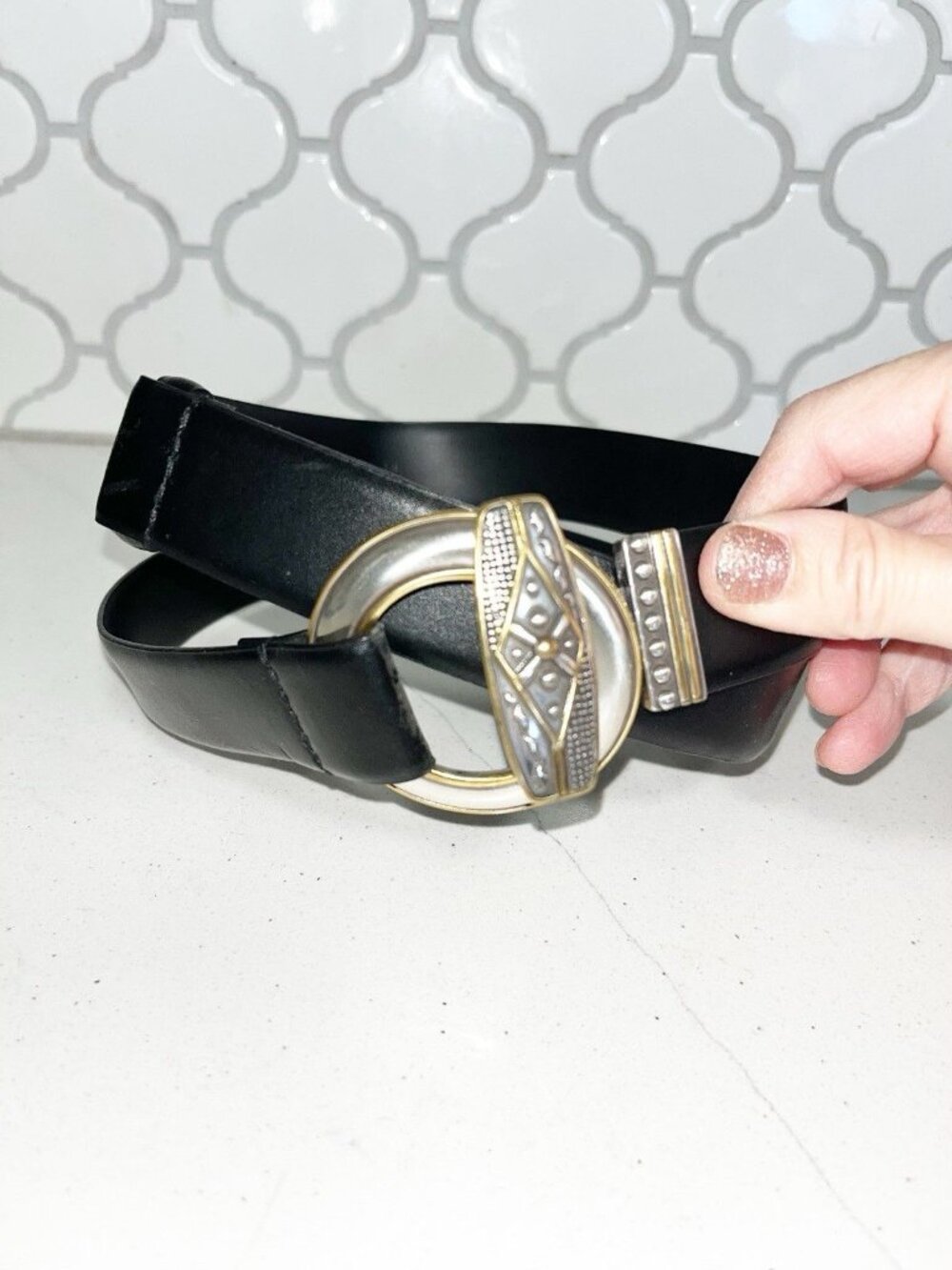 Chico's Adjustable Slide Genuine Leather Belt Women's Sz M/L Black Max 36”